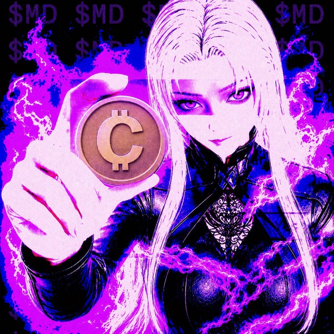 An illustration showing a pale-haired anime-style figure presenting a coin bearing a 'C' symbol, surrounded by purple flames and '$MD' text.
