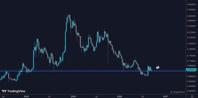 A TradingView candlestick chart of DOGE/USD displays a massive 2024 rally peaking around $0.48, followed by a multi-year downtrend with price currently consolidating near a key horizontal support at ~$0.075, supporting the bullish thesis that DOGE is holding a critical level for a potential reversal.