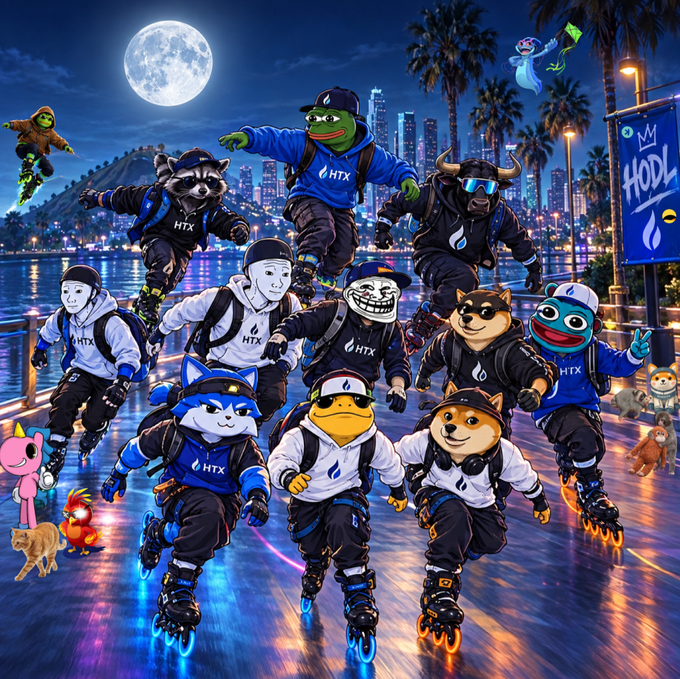A vibrant digital illustration of cartoon mascots, including frogs, cats, dogs, and Shiba Inus wearing 'HTX' apparel, rollerblading at night under a full moon with a 'HODL' banner visible.