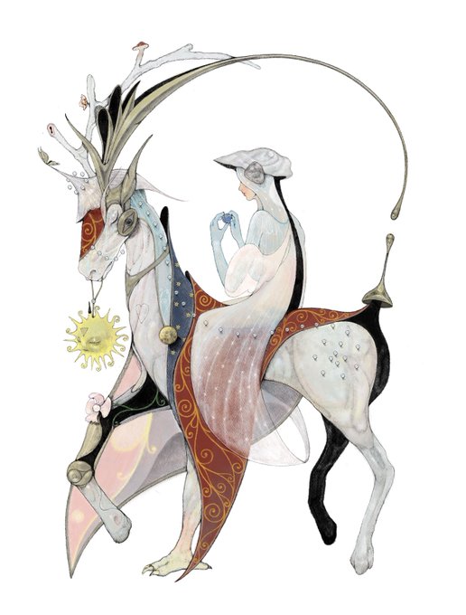 An illustration of a pale figure riding a stylized, ornate deer-like creature with antlers, decorative cloth, and a miniature sun hanging from the bridle.