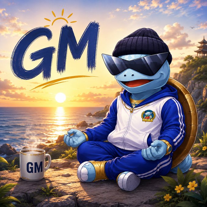 An illustration shows a blue turtle character wearing sunglasses, a beanie, and a blue tracksuit, sitting cross-legged by the ocean at sunset with "GM" displayed prominently and on a coffee mug.