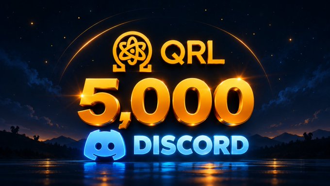 A celebratory graphic displaying the "QRL" logo, a large "5,000" in gold, and a blue "DISCORD" logo against a dark background with a glowing horizon.