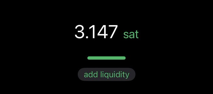 A dark digital interface displaying "3.147 sat" in white and green text with a progress bar and an "add liquidity" button below.