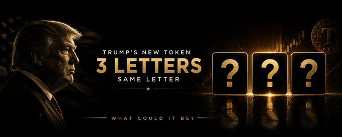 A promotional graphic featuring Donald Trump's profile alongside text reading 'TRUMP'S NEW TOKEN 3 LETTERS SAME LETTER' with three golden question mark slots teasing an unrevealed cryptocurrency token.