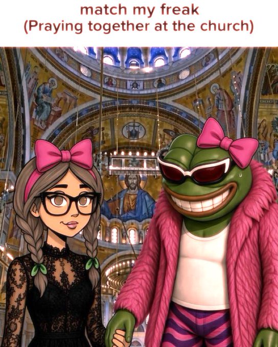 A humorous meme image showing two illustrated characters—a woman with braids and glasses, and a grinning Pepe frog in a pink coat with sunglasses—both wearing pink bows, standing in front of an ornate church interior with the caption 'match my freak (Praying together at the church)'.