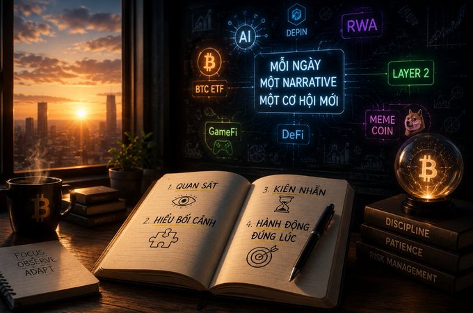 A digital illustration showing a desk with an open notebook featuring "QUAN SÁT, HIỂU BỐI CẢNH, KIÊN NHẪN, HÀNH ĐỘNG ĐÚNG LÚC," surrounded by crypto-themed graphics including BTC, AI, RWA, GameFi, DeFi, Layer 2, and meme coin icons, with books labeled "DISCIPLINE, PATIENCE, RISK MANAGEMENT."