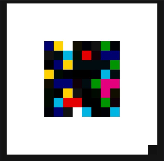 An abstract pixel-art style composition with colorful squares (yellow, blue, green, red, pink, black) arranged on a white background within a black frame.