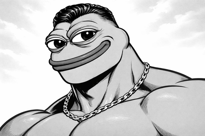 The image features a black and white cartoon of a muscular man with a chain around his neck, wearing a necklace that has a large Pekingese face on it. The man appears to be smiling at the camera, giving off an impression of confidence and strength. The caption below the image reads "If $BTC is the bottom One glorious meme will bounce very, very hard PEPE rising". This suggests that the image might be related to a popular meme or trend involving the Pekingese cartoon character.