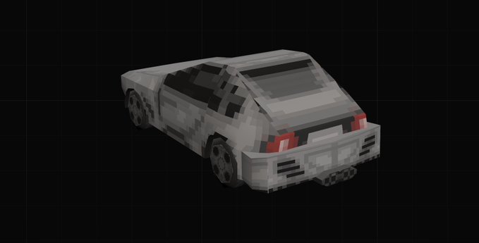 A low-poly 3D model of a silver-gray hatchback car is rendered against a black grid background, viewed from the rear showing red taillights and dark tinted windows.
