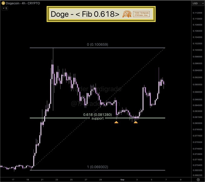 A 4-hour DOGE/USD candlestick chart highlights the 0.618 Fibonacci retracement level at approximately $0.081280, marked as "support" with multiple orange triangle indicators showing successful bounces off that level. The chart displays a downward trend from the 0 level at $0.100659 to the 1 level at $0.069302, with the recent price action showing a rebound forming after repeatedly testing the $0.081 support zone.