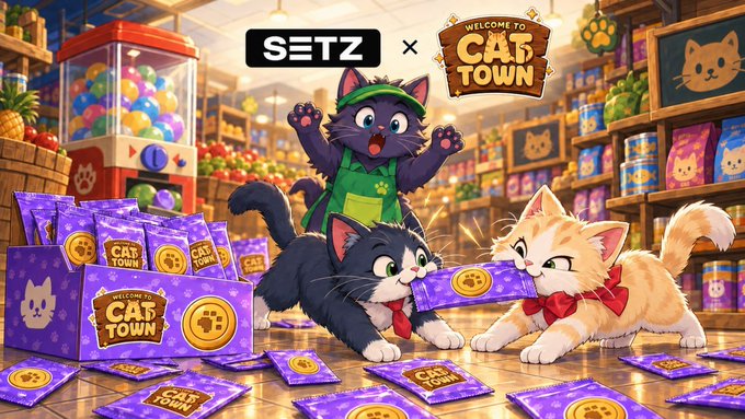 A colorful promotional illustration for SETZ x Cat Town featuring three animated kittens in a pet shop setting surrounded by purple 'Cat Town' branded treat packs.