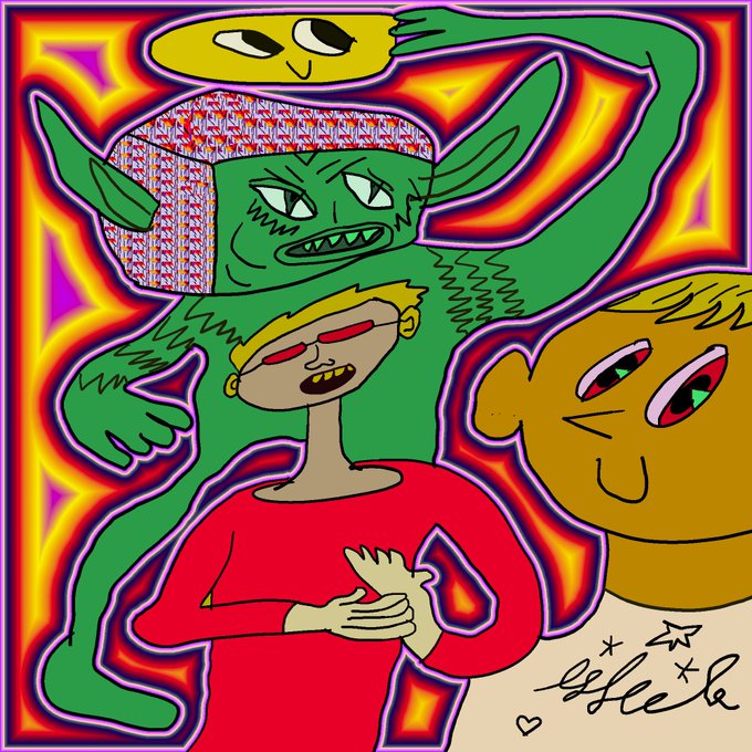 A vibrant, psychedelic digital illustration featuring multiple characters, including a green goblin-like figure wearing a patterned hood, a yellow UFO-like entity, and a blonde figure with a heart on their shirt, surrounded by glowing neon outlines.