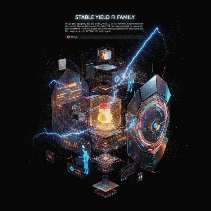 A futuristic digital graphic titled 'STABLE YIELD FI FAMILY' depicting glowing holographic cubes with lightning effects, displaying cryptocurrency avatars and trading interfaces in a dark space-like setting.