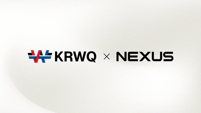 A logo collaboration graphic displaying 'KRWQ × NEXUS' with a red and blue stylized logo on a white background.