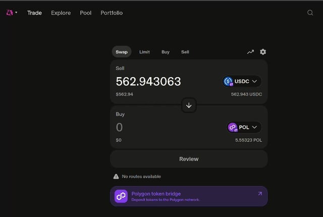 A cryptocurrency trading interface showing a swap from USDC to POL with '562.943063' USDC being sold, displaying a 'No routes available' warning and a 'Polygon token bridge' notification.