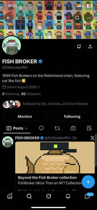 An X (Twitter) profile for the verified account 'FISH BROKER' (@fishbrokerRH) showcases a collection of 1999 Fish Brokers on the Robinhood chain and promotes the 'Beyond the Fish Broker collection.'