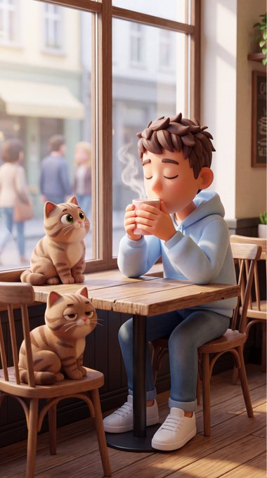 A 3D animated scene of a boy in a blue hoodie enjoying a warm drink at a wooden café table, accompanied by two orange tabby cats resting on chairs beside him.