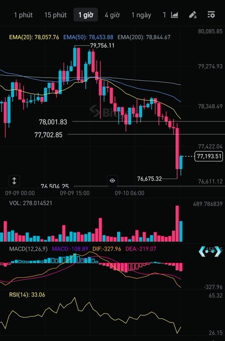 A Binance trading chart on 1-hour timeframe showing Bitcoin price action with EMA(20): 78,057.76, EMA(50): 78,453.88, EMA(200): 78,844.67, current price at 77,193.51, with MACD and RSI(14): 33.06 indicators visible at the bottom.