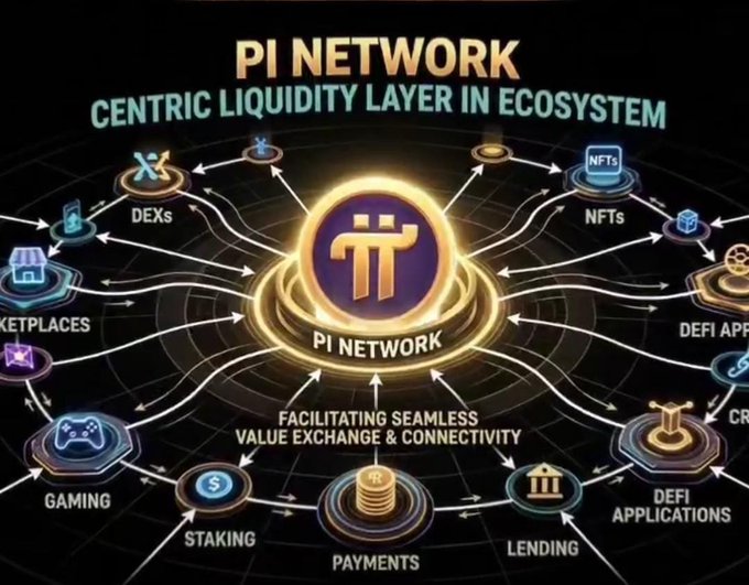 An infographic titled 'PI NETWORK CENTRIC LIQUIDITY LAYER IN ECOSYSTEM' shows the Pi Network logo at the center connecting to various services including DEXs, NFTs, Marketplaces, Gaming, Staking, Payments, Lending, and DeFi Applications.