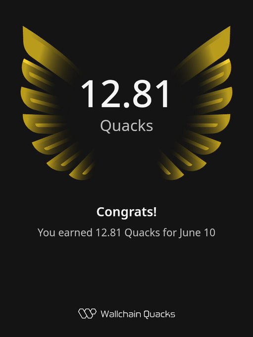 The image features an advertisement for Wallchain Quacks that shows a yellow bird logo on black background with gold text congratulating users for earning 12.81 Quacks over the past week. The post emphasizes structured participation where users contribute through campaigns, tasks, or by participating in onchain activities, rather than just holding their account.