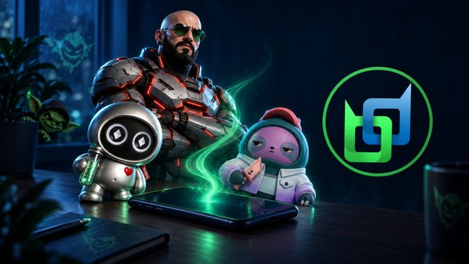 A digital illustration featuring a cyberpunk-style character with sunglasses and armor alongside a small robot, next to a green and blue logo.