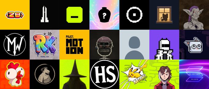 A grid of 17 colorful logos, pixel art characters, and profile icons representing various early NFT projects, including visible labels like "MW," "RK RebellKin," "Project Motion," "HS," and "Kip the Katre," aligning with the listed project handles in the post.