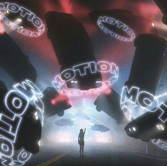 An anime-style scene shows a silhouetted figure with raised hand standing beneath a glowing portal, surrounded by dark floating objects and blue neon 'MOTION' logos against a red and blue cosmic background.