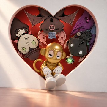 A 3D rendering shows a golden monkey figurine sitting inside a red heart-shaped box, surrounded by plush bat, pig, and voodoo-doll-like toys.