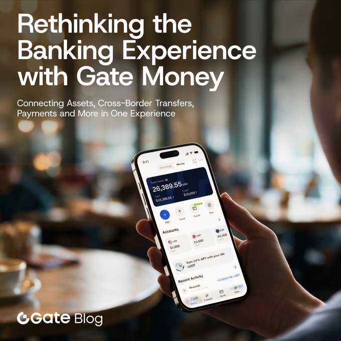 A hand holds a smartphone displaying the Gate Money app, which shows a total balance of $26,389.55 across assets including USD ($5,000), S&P 500 ($3,500), and EUR ($5,000), with a promotional message to "Earn 3.6% APY with your idle USDT" — illustrating the post's message of unifying assets, transfers, and payments into one banking experience.