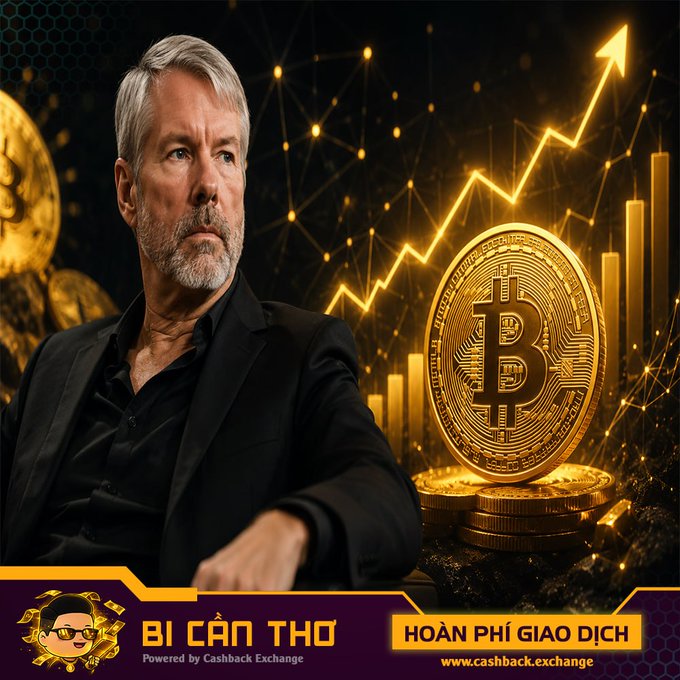 An advertisement featuring Michael Saylor with an upward-trending graph, Bitcoin coins, and text reading 'BÍ CÂN THỢ', 'HOÀN PHÍ GIAO DỊCH', and 'www.cashback.exchange'.
