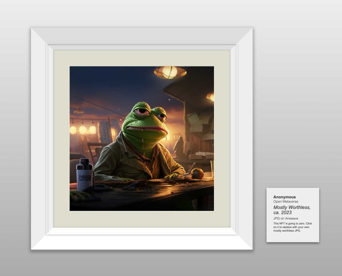 A framed print displayed on a wall features a digitally illustrated frog character in a grumpy pose, seated at a dimly lit bar, accompanied by a small placard labeled "Anonymous, Open Metaverse, Mostly Worthless, ca. 2023, JPG on Arweave." The artwork ties to the post by representing "mostly worthless," a meme piece from 6529er's Meme Lab collection of 69 airdropped editions.