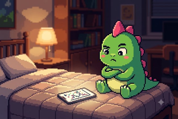 A pixel art scene of a green cartoon dinosaur with pink spikes sitting on a bed looking unimpressed at a tablet displaying a chart, with a lamp and bookshelf in the background.
