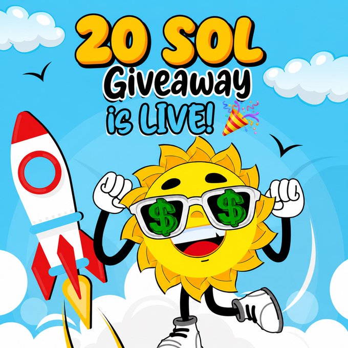 A cartoon sun wearing sunglasses with dollar signs on the lenses rides a rocket next to text reading "20 SOL Giveaway is LIVE!" with a party popper, promoting a Solana token giveaway for $SUMMER.
