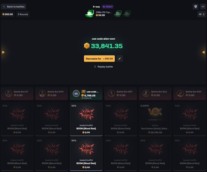 A battle results screen from a gaming or crypto site showing a '6-way' Crazy battle with 92% CBBs (Blood Rad) won by a user with the code 'alien', resulting in a payout of 33,841.35 and the option to 'Recreate for 250.00'.
