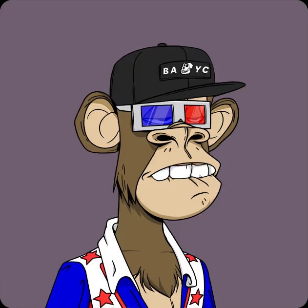 A cartoon illustration of a monkey wearing 3D glasses, a black 'BAYC' cap, and a blue jacket with red stars, set against a solid gray background.