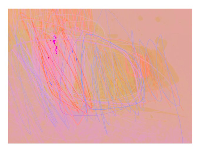 An abstract digital artwork featuring overlapping, chaotic scribbled lines in pink, purple, orange, and blue against a soft peach and pink background.