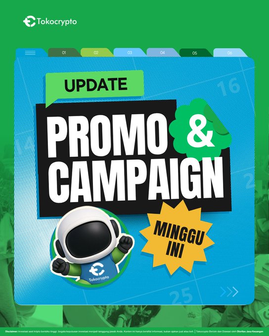 The image is a vibrant promotional graphic from Tokocrypto featuring a green and blue color scheme, displaying "UPDATE PROMO & CAMPAIGN MINGGU INI" alongside their astronaut mascot, which aligns with the post announcing exclusive campaigns for Tokocrypto Prestige, trading competitions, cashback offers, and partner discounts for the week.