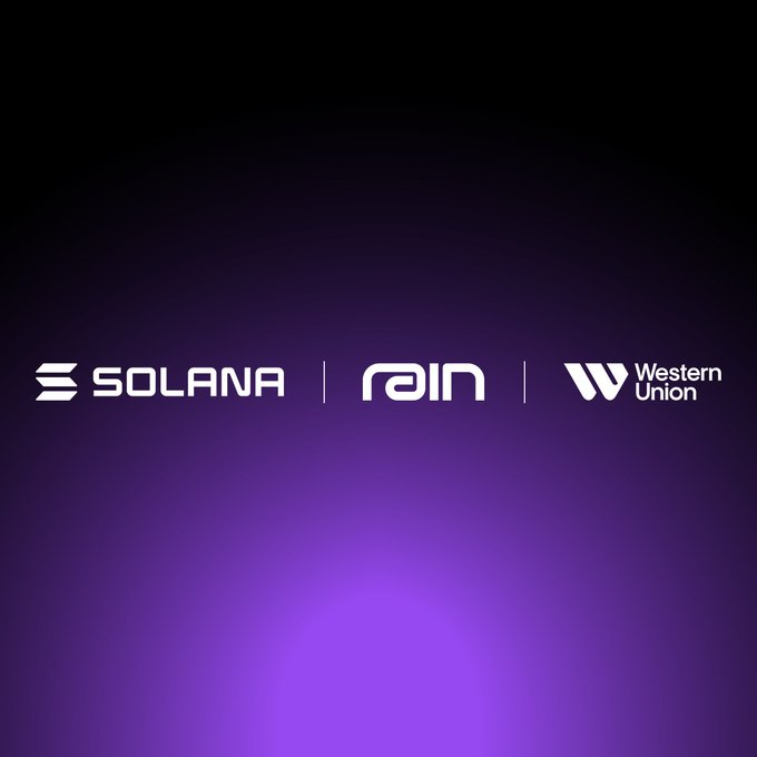 A purple gradient graphic displays logos for Solana, Rain, and Western Union, suggesting a partnership between the cryptocurrency platform, fintech company, and money transfer service.