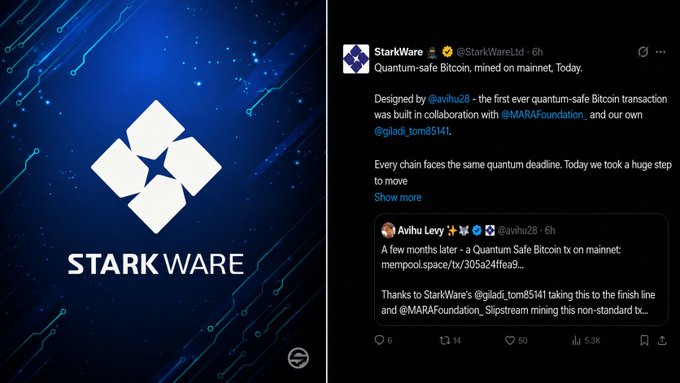 A StarkWare promotional graphic alongside their X post announcing the first quantum-safe Bitcoin transaction on mainnet, referencing @avihu28, block 964199 mined by MARA, and collaborators @MaraFoundation, @glad1, and tom85141.