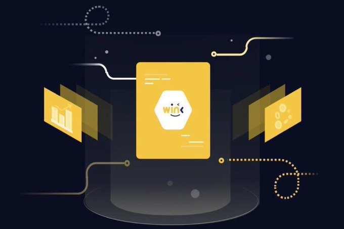A stylized digital illustration on a dark background featuring a yellow hexagonal 'wink' logo in the center, surrounded by floating yellow cards with charts and graphs, connected by dotted lines.