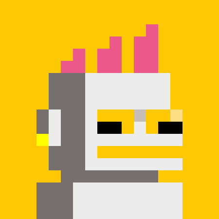 Pixel art style illustration of a character with pink crystal-like protrusions against a bright yellow background.