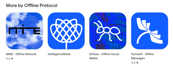 Screenshot of an app store listing titled "More by Offline Protocol" showing four related apps: "MINE - Offline Network" (4.6 stars), "IntelligenceMesh", "Diffuse - Offline Social Media", and "Fernweh - Offline Messages" (3.9 stars).