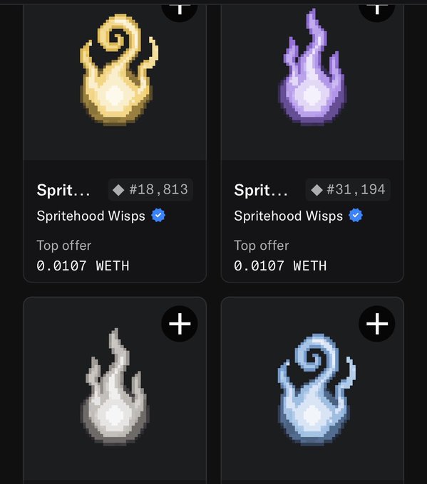 A screenshot of an NFT marketplace showing four 'Spritehood Wisps' (gold, purple, silver, and blue) with top offers around 0.0107 WETH.
