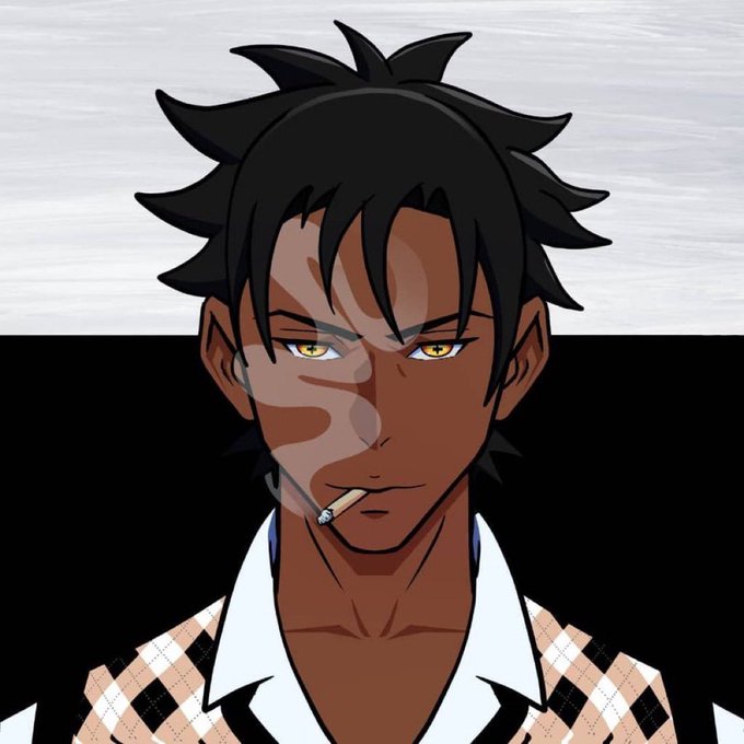 An anime-style digital illustration of a serious-looking man with dark hair, yellow eyes, and a cigarette in his mouth, wearing a white collared shirt under a checkered vest.