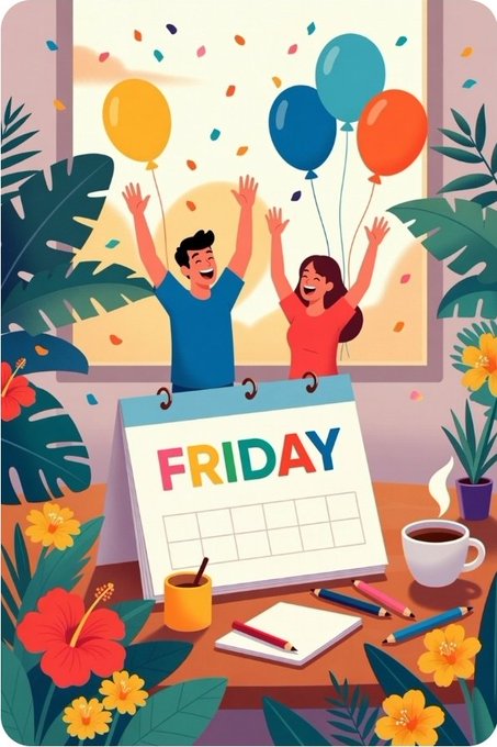 A colorful illustration depicting a joyful couple cheering with balloons behind a desk calendar showing 'FRIDAY', surrounded by tropical plants and art supplies.