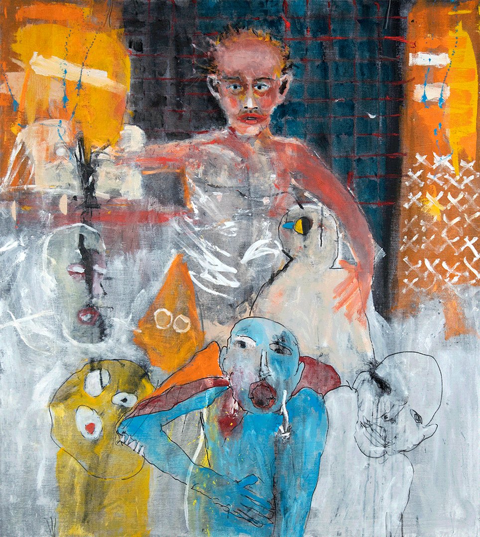 The image features an abstract painting with a man, woman, and bird depicted within the scene. The painting has a mix of colors including orange, blue, white, and black. The artist's signature can be seen at the bottom right corner of the artwork. The painting is displayed in a gallery setting, which further emphasizes its artistic value and significance.