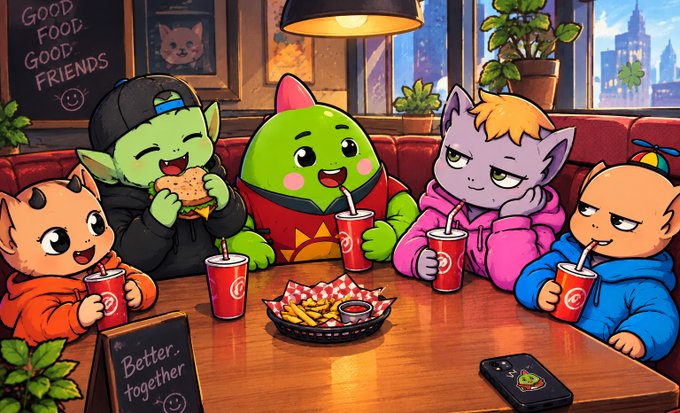 A colorful cartoon illustration depicts five cute monster characters sitting at a table in a restaurant booth, drinking from soda cups and sharing fries; a sign reads 'Better together'.
