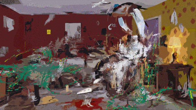 An abstract, glitch-style digital painting depicting a chaotic interior room scene with red walls, yellow patterned wallpaper, and a lamp, rendered in fragmented brushstrokes.