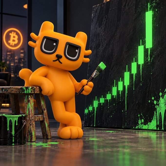A 3D-rendered orange cartoon cat character wearing black sunglasses, holding a paintbrush dripping with green paint, standing next to a green candlestick Bitcoin price chart with a Bitcoin neon sign in the background.