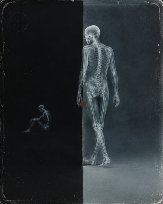 A split artistic composition with X-ray images showing a full skeletal figure walking on the right against a blue-grey background and a smaller seated skeletal figure on a black background.